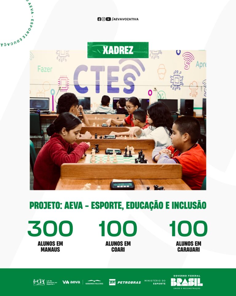O projeto AEVA Esporte, Educação e Inclusão leva a modalidade de xadrez para 500 pessoas no estado do Amazonas
